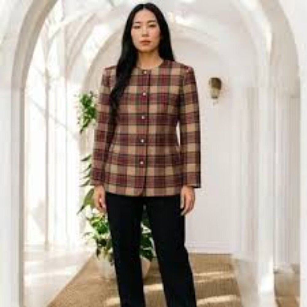 Talbots Women's Multicolor Plaid Button Up Wool Blend Collarless Blazer Size 6